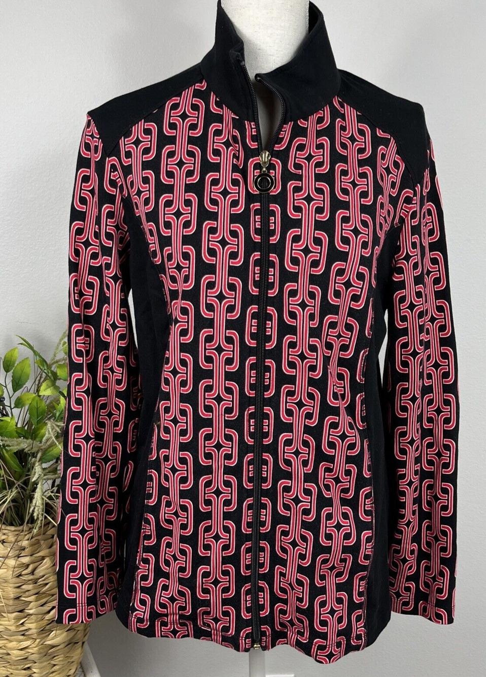 Susan Graver Weekend Womens Jacket Small Black Red Print Zipper L-Sleeve Pockets